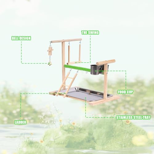 Image of Bird Playground, Natural Wood Bird Perch Stand with Removable Tray and 2 Stainless Steel Feeder Cups, Parrot Playstand Bird Cage Toys for Conure Parakeet Cockatiel Parrot (C)