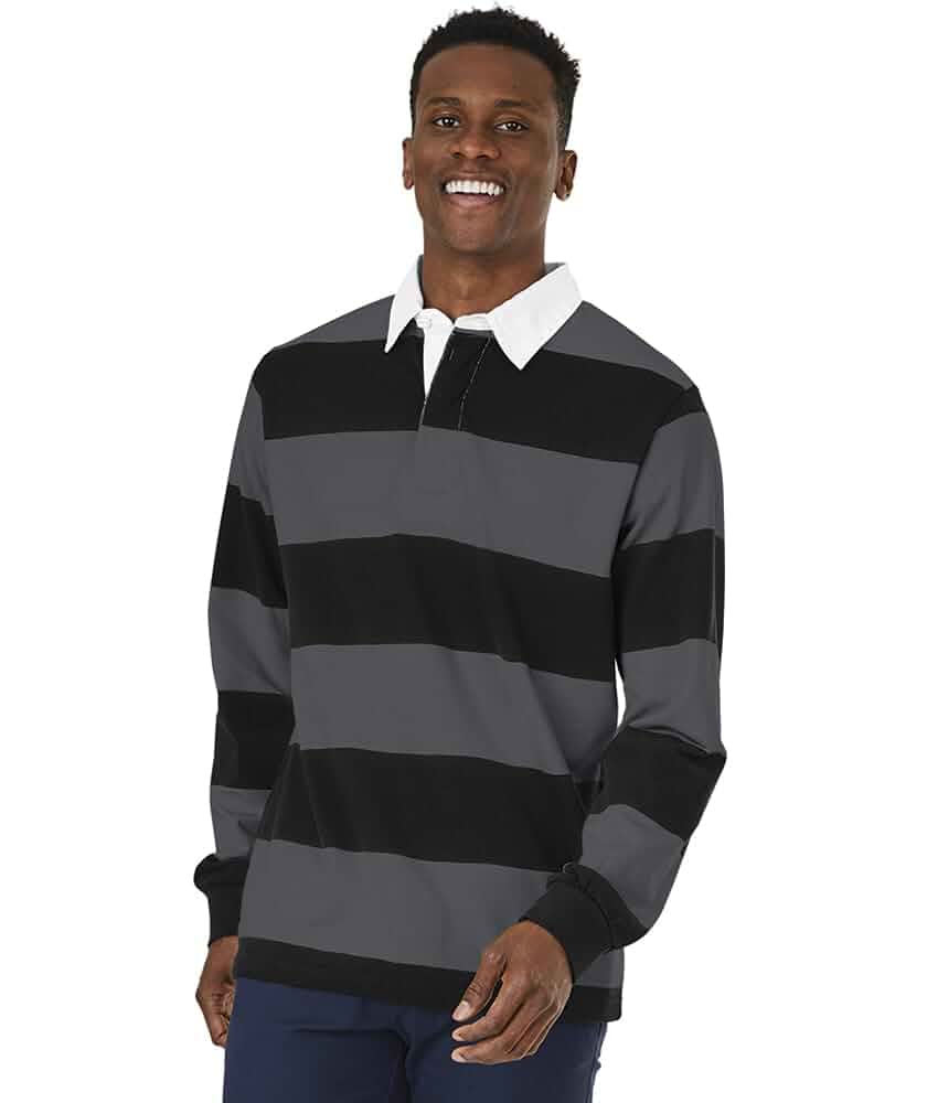 Charles River Apparel Unisex Classic Rugby Shirt Premium cotton jersey rugby shirt with yarn-dyed stripes, twill collar, and classic unisex fit for casual or team wear.