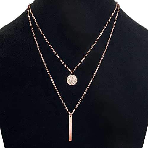 Luxstra Layered Necklaces For Women | 18K Gold Filled Necklace | Cubic Zirconia Pave Disc Pendant Necklace With Bar Charm | Rose Gold Necklace For Women | Rose Gold Stackable Necklace Choker #TOP5