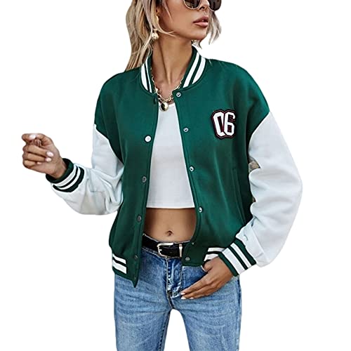 Yassiglia Chaqueta de béisbol para Mujeres Chaqueta universitaria para niñas Abrigo de Invierno Corto Chaqueta Bomber Vintage Chaqueta de Sudor para Mujeres Otoño Primavera (Verde, Medium) Cover