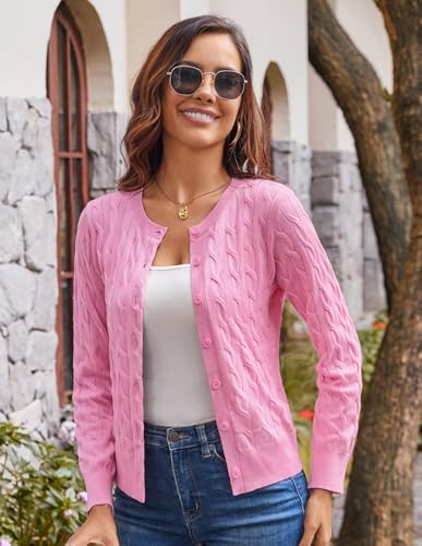 Image of GRACE KARIN Womens Long Sleeve Button Up Cable Knit Cardigan Lightweight 2026 Crewneck Button Down Sweaters for Women