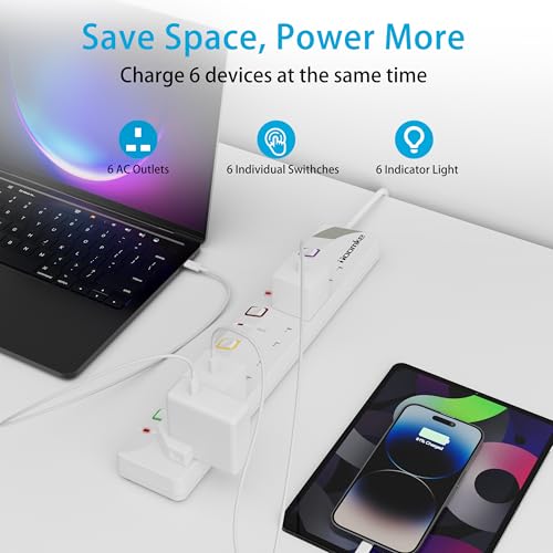 Toomke 3M Extension Lead 6 Way Multi Plug Extension Sockets with Individual Switches, 6 Plug Wall-Mounted Power Strip 3 Meter Power Cord 13A 3250W for Home Office Kitchen