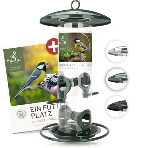 wildtier liebe Körner Futtersäule, Vogelfutterspender 26cm, Grün - aus rostfreiem Metall I Vogel-Futterstation, Vogelfutter-Säule, Wildvögel Futtersilo I Ganzjährige Vogelfütterung