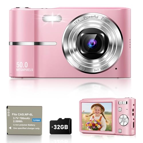 Digitalkamera 50MP Fotokamera 1080P Videokamera mit 16X Digitalzoom, 2,4' Bildschirm Vlogging Kamera Fotoapparat Mini Kompaktkamera für Kinder Teenager, 32G Karte (Rosa)