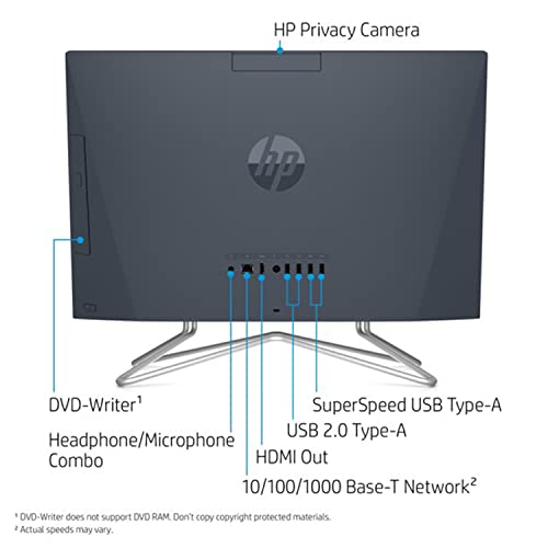 Image of HP 2022 AIO Desktop, 21.5 inch FHD Display, Intel Celeron G5905T Processor, 12GB RAM, 256GB PCIe SSD, Webcam, DVD-RW, Wi-Fi, HDMI, Bluetooth, Wired KB and Mouse, Windows 11 Home, Blue