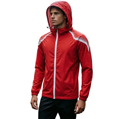Poncho de lluvia para hombre seguro para mujer unisex ligero bicicleta festival primavera otoño a prueba de viento transpirable cortavientos capucha ecológica, rojo, XXL