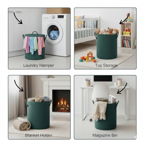 Image of Basket with Lid, 15 inch x 20 inch Woven Storage Basket for Blankets, Toys, Pillows, Towels, Living Room Bedroom Storage Bin, Round Rope Basket with Lid, Wicker Baskets for Organizing (BG5)