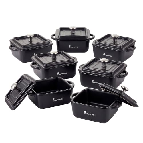 MasterPro Cook & Share - Mini Cocotte Cuadrada con Tapa de 13.5 x 10.6 x 4.5/6.5 cm, Ideal para Compartir, Gres con Interior y Exterior Esmaltado en Negro, Apta para Lavavajillas y Horno, Juego de 6