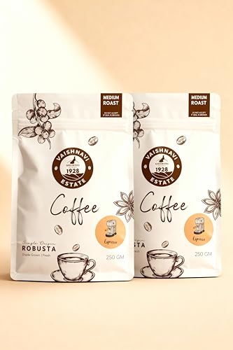 Image of Vaishnavi Estate's Medium Roast Robusta Coffee | Single Origin | Shade Grown | Freshly Roasted & Ground | Espresso - (250g, Pack of 2)