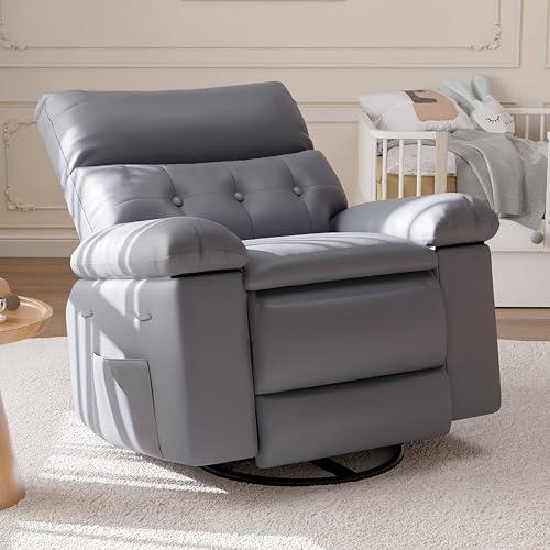 Image of GarveeHome Oversized Wide Rocker Swivel Recliner Chair - PU Leather Manual Recliner for Adults, Large Nursery Chair Lazy Recliner with Comfort Arm and Back for Living Room, Bedroom