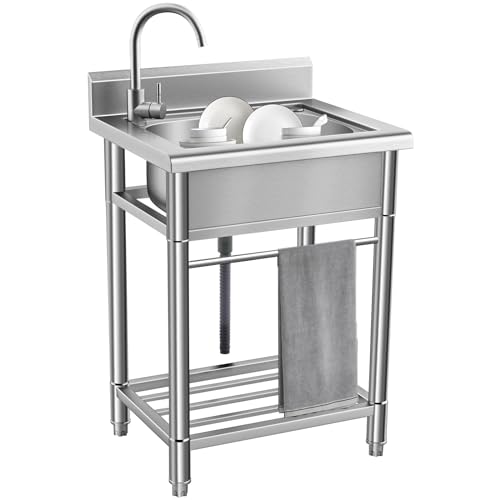 Évier de Cuisine Inox 1 Bac Évier de Restaurant Commercial Portable sur Pied Lavabo à une Cuve Extérieur pour Cuisine Restaurant Garage Jardin Camping-car...