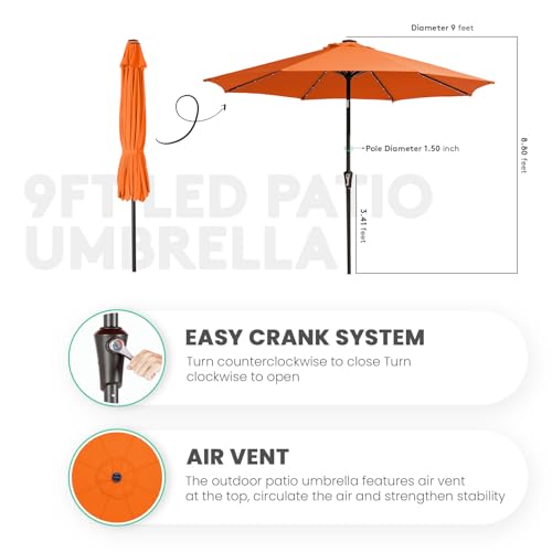 Image of JEAREY 9FT Outdoor Patio Umbrella with Solar Lights, LED Lighted Pool Umbrella with Tilt and Crank, Outdoor Table Umbrellas for Deck, Yard & Market (Orange)