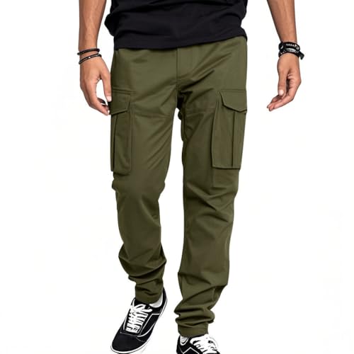 Mens Cargo Pants Drawstring Elastic Waist Tapered Trousers with Multi Pockets Relaxed Fit Casual Athletic Trousers