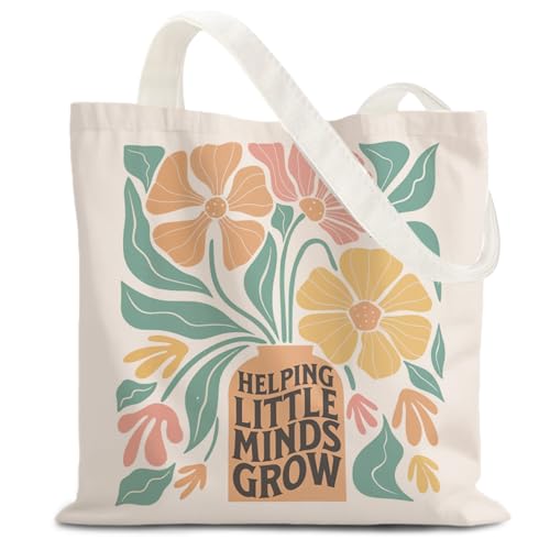 LZYRF Boho Floral Teacher Tote Bag Teacher Appreciation Gifts Canvas Tote Bags for Women Helping Little Minds Grow Flower Teachers Reusable Grocery Shopping Bag