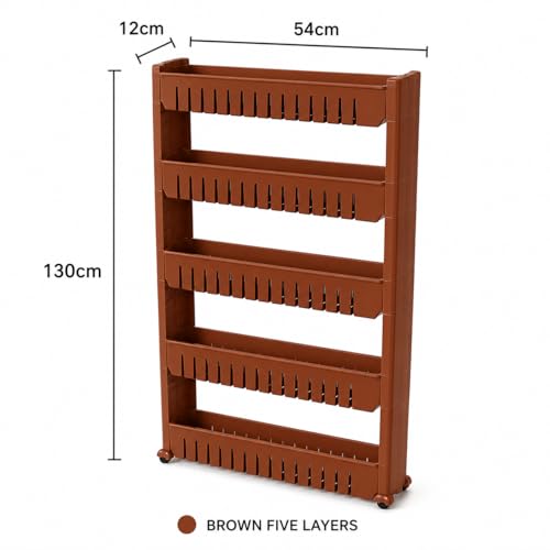Image of JD FRESH 5-Tier Slim Rolling Storage Organizer Rack /Fridge Side Storage Rack /Plastic Trolley Storage Stand with Wheels /Floor Standing Cabinet for Bathroom and Kitchen Corner Area (Brown)
