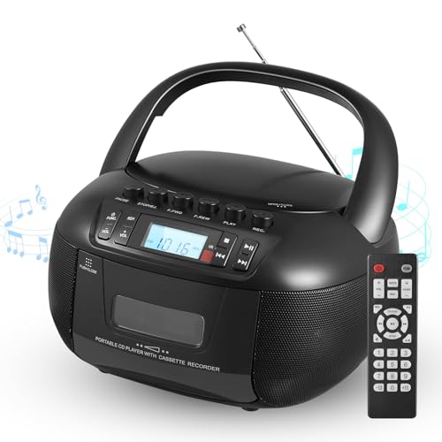 Reproductor PortáTil CD Y Casete, Reproductor CD con BT, Radio Am/FM Compatible con Cd/Cd-R/Cd-Rw/Mp3/Wma, Sonido EstéReo, Grabadora Casete con Control Remoto para Hogar Y NiñOs,Black