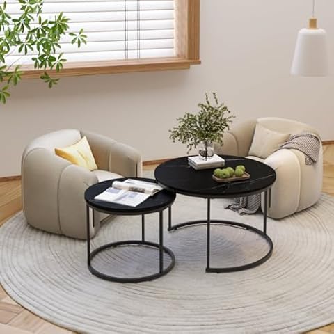 JASONBLUE 27.6" Round Coffee Table Wood Marble Pattern Top with Sturdy Metal Frame,Nesting Coffee Table Set of 2,End Table Side Tables for Living Room,Bedroom,Balcony (Black+Metal Frame) Cover