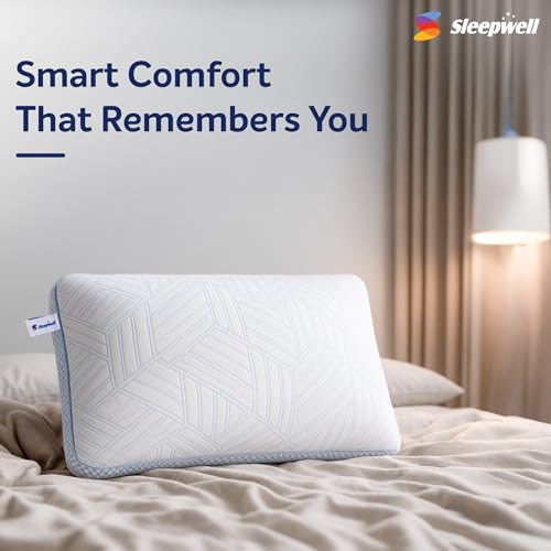 Image of Sleepwell ImpressFit Adaptive Memory Foam Pillow | White & Blue | 100% Pure Memory Foam | Optimal Head & Neck Support | Medium Soft Pillow | Multi-Position Sleepers | 24 x16 inches| Pack of 1