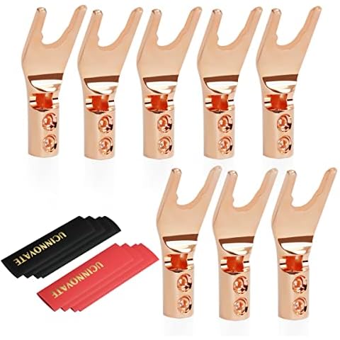 Set of 8 Speaker Y Spade Terminal Connectors, Solder Free 24K Gold Plated Banana Y Spade Plug for Speaker Wires Screw Locking Speaker Connectors DIY with Heat Shrink Tube (Rose Red) Cover