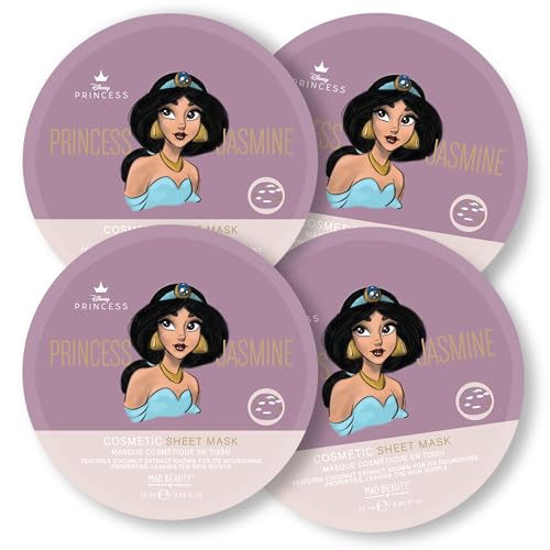 MAD Beauty Disney Pure Princess Cosmetic Sheet Face Mask Collection (4-Pack) | Jasmine’s Coconut Infusion | Skincare Gifts for Women and Adults | Cool and Hydrate Skin