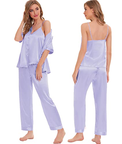 Image of SWOMOG Womens Silk Satin Pajamas Sets 4pcs Sleepwear Sexy Cami Shorts Set and Button Down Short Sleeve Pjs Loungewear Solid Color Lavender Small