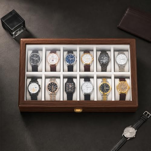 Image of Solid Black Walnut Watch Box, 12 Slot Wooden Watch Organizer with Glass Lid, High-End Watch Display Case Jewelry Storage Box, Gift for Husband, Dad, Birthday, Anniversary, Father's Day, Men and Women