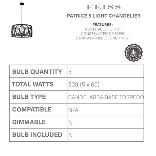Feiss Olf3222-5Dwz Patrice Drum Outdoor Chandelier Lighting, 5-Light, 300 Watts, Dark Weathered Zinc (21" D X 11"H) #TOP3