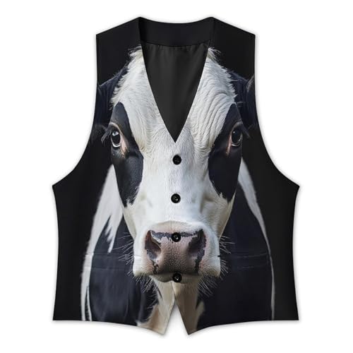 Close Up of Black White Cow Men's Suit Vest Slim Fit V-Ncek Waistcoat Business Casual Vest3