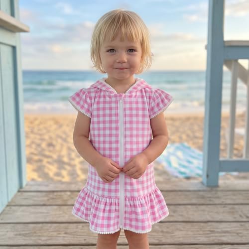 Image of Girls Hooded Terry Coverups One Piece Swimsuits Beach Stripe Trim Zip Up Fly Sleeve Swim Cover Up Swimwear