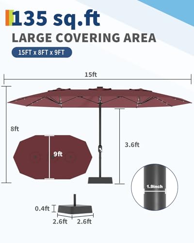 15FT Large Patio Umbrella with Base and Solar Lights, Double-Sided Rectangle Umbrella Oversized Shade for 8-10 People,36 LED Lights and Weighted Base for Pool, Deck, Backyard