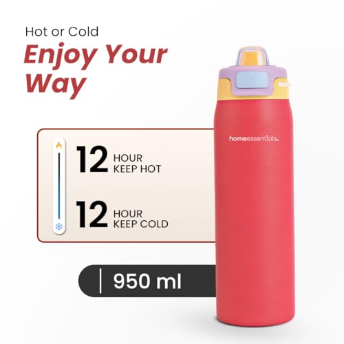 Image of HomeEssentials Stainless Steel Thermos Water Bottle 950ML - Leakproof Quick Fill Lid, Insulated Sports Bottle for Hot & Cold Drinks, Durable Travel & Gym Bottle, Easy Carry Lid (Red)