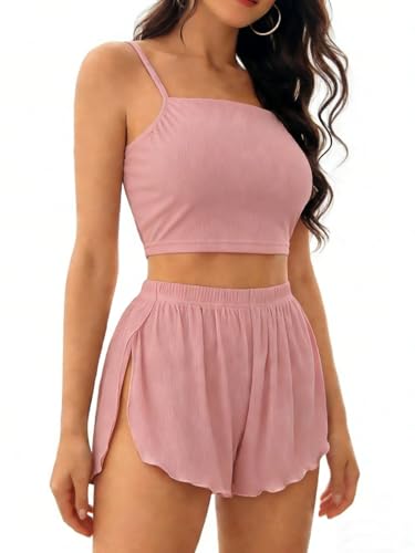 OYOANGLE Womens 2 Piece Summer Pajama Set Ribbed Knit Cami Crop Top and Side Split Shorts Set Sleepwear Pink Large