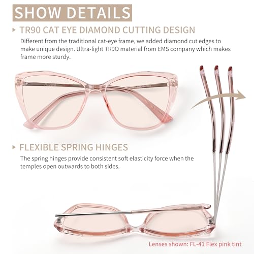 Image of Indoor FL-Flex Fluorescent-41 Light Pink Tinted Blue Light Blocking Glasses Cat Eye Migraine Light Sensitivity Glasses Photophobia Fluorescent LED Glare Women AB3304(Pink Frame Light Rose Lens)