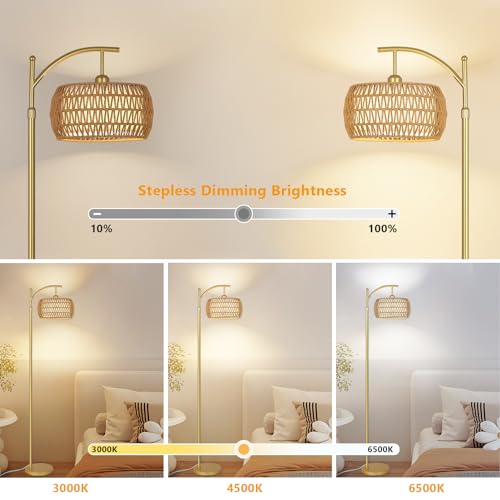 Image of eyassi Arc Floor Lamp with 3 Color Temperatures, LED Gold Floor Lamp with Remote & Stepless Dimmable Bulb, Boho Standing Lamp with Rattan & Fabric Shades, Farmhouse Tall Lamp for Living Room Bedroom