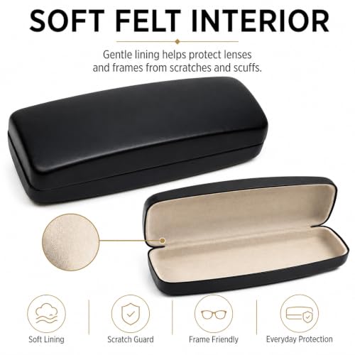 Image of Calabria S412 Extra Large Hard Shell Eyeglass Case - Black Snap Closure Glasses Case with Soft Felt Interior
