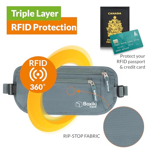 Image of Boxiki Travel Gray Money Belt + RFID Sleeves Set of 8 Pcs | RFID Blocking Secure Waist Bag, Credit Card Holders & Passport Holders for Men and Women | Keep Your Travel Essentials in Reach