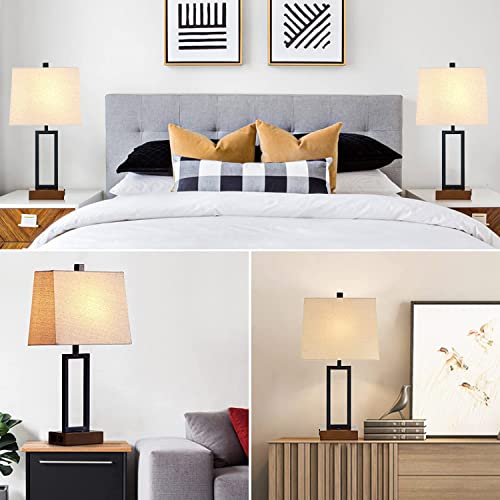 Lolikit Table Lamp For Bedroom Set Of 2 With 2 Usb Ports And Ac Power Outlet, 23.5" Modern Bedside Lamp, Wood Nightstand Lamp With Fabric Shade For Living Room Hotel Desk (2 Led Bulb Included) #TOP6