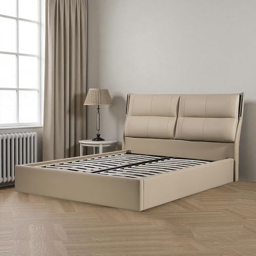 Image of The Attic Nova Queen Size Bed with Hydraulic Lift Storage with Soft Cushion Headboard Khakhi Beige