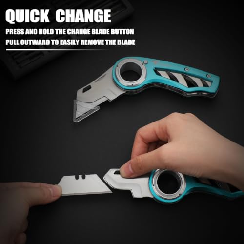 Image of Tondiamo 2 Pcs Folding Pocket Utility Knife Heavy Duty Box Cutter Folding Razor Knife with Anti Slip Finger Loop Easy Change Blades 3 Lock Positions Design (Emerald Green)