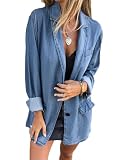 Jean Jacket for Women Lightweight Loose Fit Denim Blazer Shirt Jackets Summer Oversized Work Button Jacket Blue M