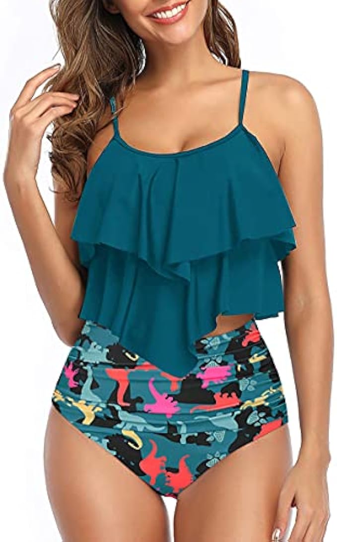 Womens Tankini Swimsuits Ruffled Tank Top Tummy Control Floral Modest Swimwear High Waisted Bikini Two Piece Bathing Suits