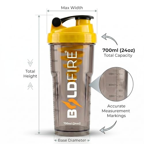 Image of Protein Shaker Bottle 700ml with Mixing Spring, Leakproof BPA-Free Gym Shaker Cup for Protein, Pre & Post Workout Drinks, Smoke Grey with Yellow Lid