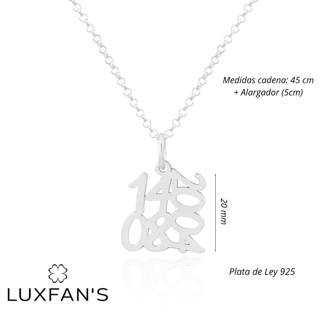 Collar con Fecha de Aniversario Mujer Unisex en Plata de Ley 925 Cadena de 45cm + Alargador. Regalo ideal de San Valentín, para Novia Madre Abuela. Hecho en España. (Collar Fecha Plata)