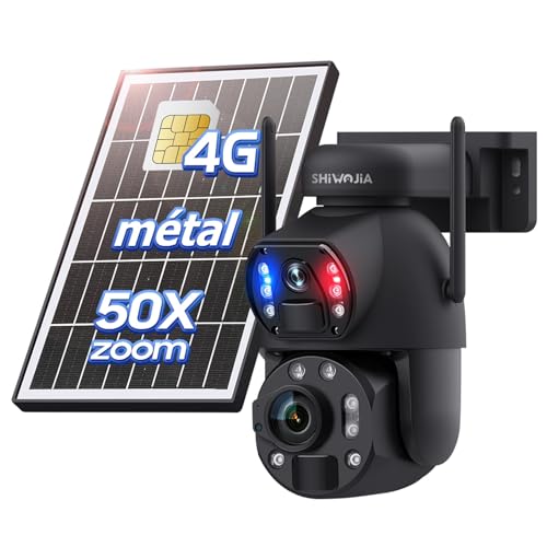 SHIWOJIA Cámara 4G Solar Exterior, Cámara 4G Doble Lente Zoom Híbrido 50X, 6MP con visión nocturna en color, detección humana PIR, ranura SD, Metal, IP66