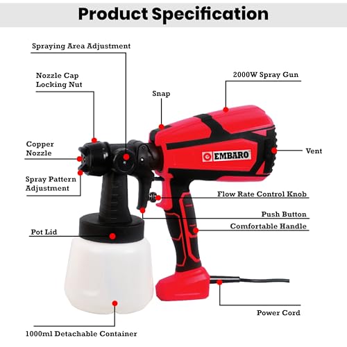 Image of 1200W Electric Paint Sprayer with 1000ml Container, HVLP Spray Gun, 2.5mm Brass Nozzle, 2M Cable & VDE Plug, High Power Paint Sprayer for Walls, Furniture, Wood, Metal, Fence DIY(EM-PS-123)