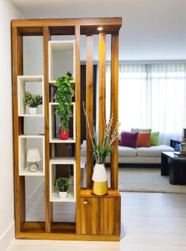 Image of MKH KRAFTS Hand Carved Wooden Room Divider & Partition Panel Decorative Room Separator with Open Shelf Divider for Living Room Kitchen & Office Brown. (72x40 Inch)
