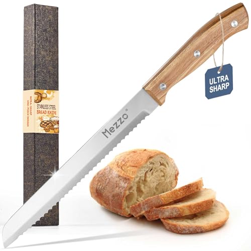 Comparison: Best Knife For Cutting Cheesecake 8 Mezzo Serrated Bread Knife for Homemade Bread, High Carbon Steel Sourdough Knife Cutter for Slicing Bread, Bagels & Cake, Razor Sharp Premium 8-Inch Bread Cutting Knives with Gift Box