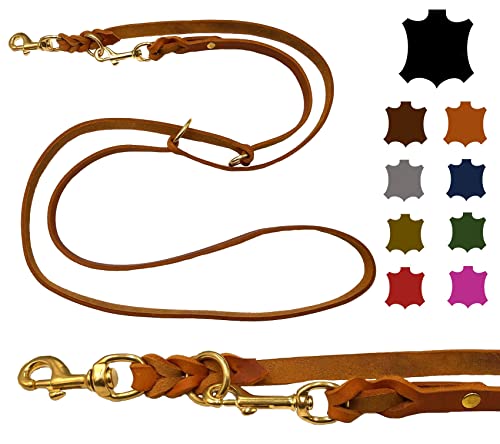Hundeleine Fettleder Messing kleine Hunde/große Hunde 2m / 2,40m / 2,80m / 3,50m / 5m Doppelleine verstellbar (2m X 15mm, Cognac)