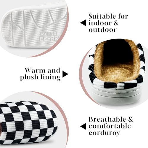 Checkered Memory Foam Slippers - Women's & Men's Soft Warm Bedroom House Slippers with Faux Fur Lining - Indoor/Outdoor - Pink, White, Black - Size 8/94