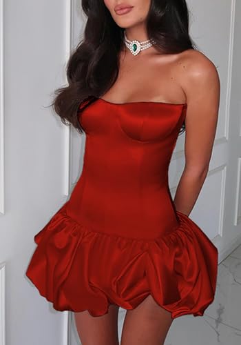Image of Kwunbwa Women's Summer Strapless Bubble Mini Dress Ruched Ruffle Flowy A Line Dress Tube Top Dresses Party Clubwear